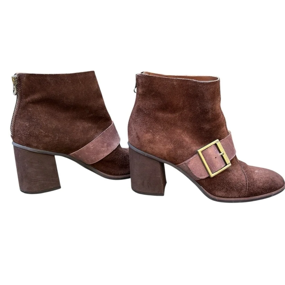 Kork-Ease Womens 7.5 Ankle Boots Brown Suede Buckle Strap Block Heel  Fall Boho